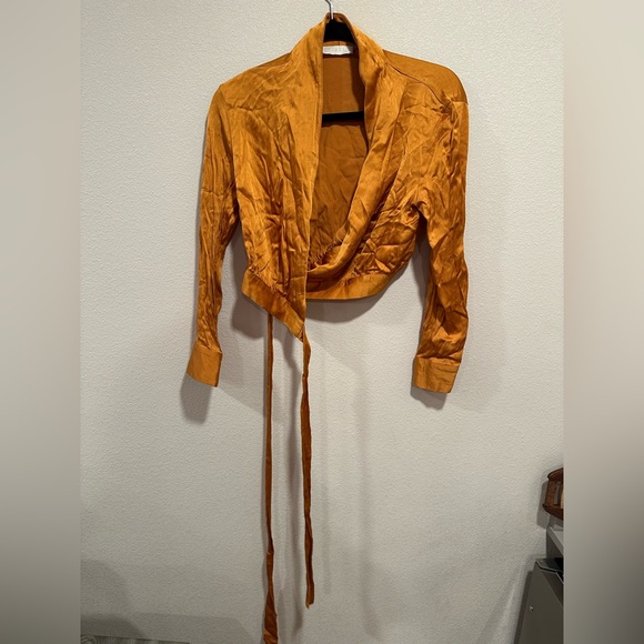 Piral Tops - Golden Satin Long Sleeve Wrap Crop